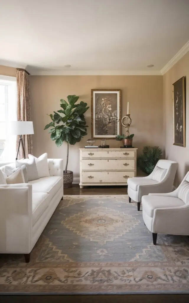 A photo of a long, narrow Hollywood Glam living room with a white sofa, a pair of matching side chairs, and a large area rug. An old dresser serves as a TV stand or media console. A potted plant sits on the floor beside the dresser. The walls are painted in a soft beige hue.