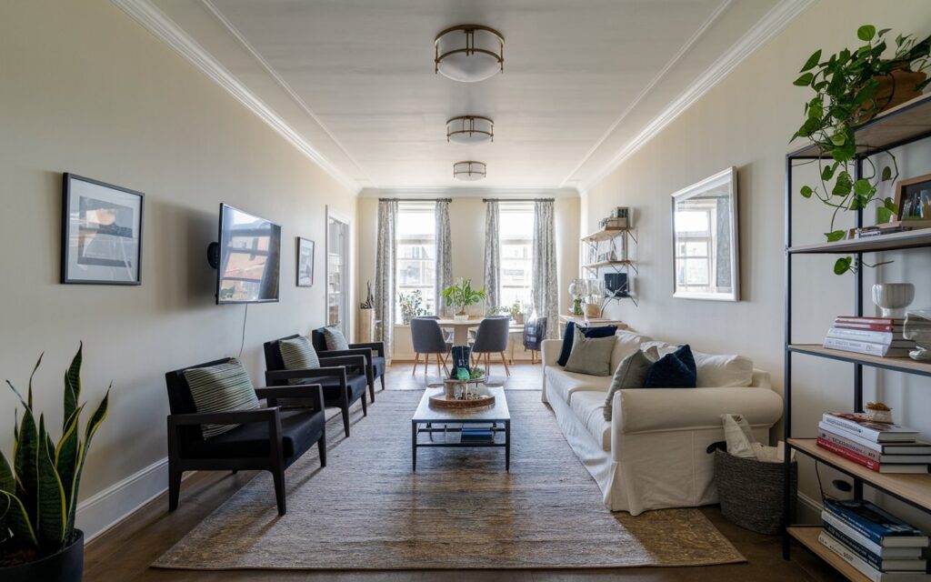A photo of a long, narrow living room with a white couch, black chairs, and a coffee table. There's a TV mounted on the wall, a shelf with books and decor, and a plant. The room has a rug, and the floor is wooden. The ceiling has light fixtures. There are windows with curtains.