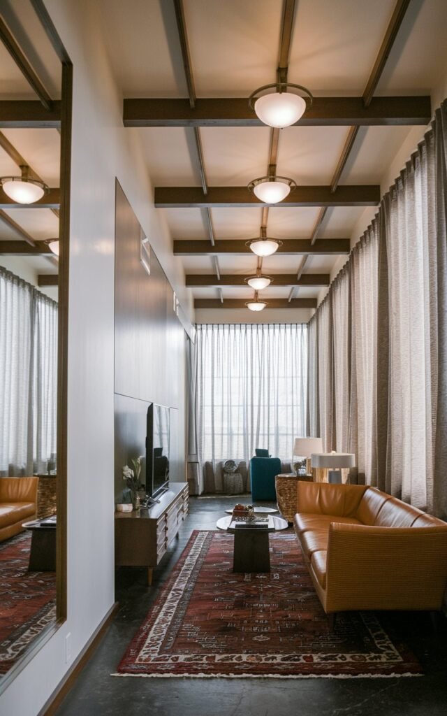 A photo of a long, narrow mid-century modern living room with a large vertical mirror on one wall. The ceiling has light fixtures and wooden beams. The living room has functional elements such as a TV. A bold area rug is placed beneath the couch. The windows have thick curtains for diffused lighting.