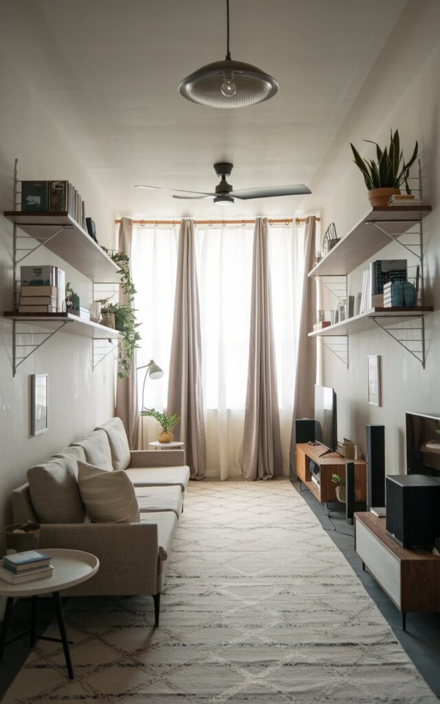 A photo of a long, narrow minimalistic living room with a couch, two wall-mounted wooden shelves, a ceiling light fixture and fan, curtains on the windows, a neutral patterned rug, a side table, and a floor lamp. The shelves hold books, plants, and decor. There are also functional elements such as a TV and speakers. The lighting is diffused.