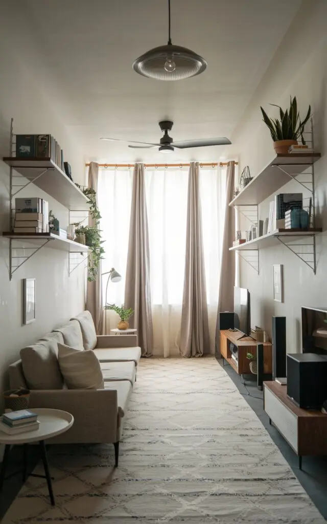 A photo of a long, narrow minimalistic living room with a couch, two wall-mounted wooden shelves, a ceiling light fixture and fan, curtains on the windows, a neutral patterned rug, a side table, and a floor lamp. The shelves hold books, plants, and decor. There are also functional elements such as a TV and speakers. The lighting is diffused.