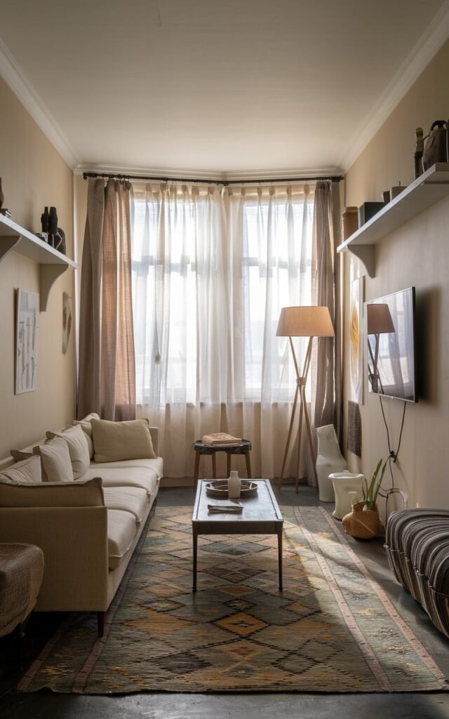 A photo of a long, narrow modern French countryside living room. There is a beige sofa with a patterned rug beneath it. A coffee table sits in the middle of the room. A torchiere floor lamp stands in the corner. A TV is mounted on the wall. There are shelves above the TV and sofa. The walls are painted beige. Sheer curtains cover the windows.