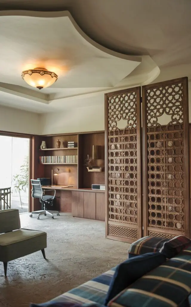 A photo of a mid-century modern living room with a Moroccan carved lattice room divider. There is a separate home office zone. The ceiling is unique and has a light fixture. The floor is textured.