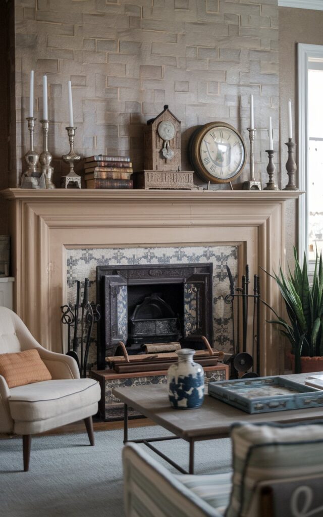 A photo of a mid-century modern and shabby chic living room with a fireplace mantel decorated with antique items. The mantel holds old books, tarnished silver candle holders, a rustic trinket, a weathered clock, and a family heirloom. The room has a couch, a chair, and a coffee table. There is a plant in the corner. The walls have a patterned texture.