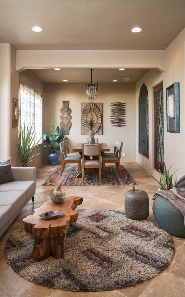 A photo of a Southwestern-style long narrow living room with a separate dining area. The living room has a circle fluffy shaggy rug in front of a gray sofa and a wooden coffee table. The dining area has a patterned rug under a wooden dining table and chairs. The walls are painted beige and have decorative items. There are also a potted plant and a decorative item near the window.