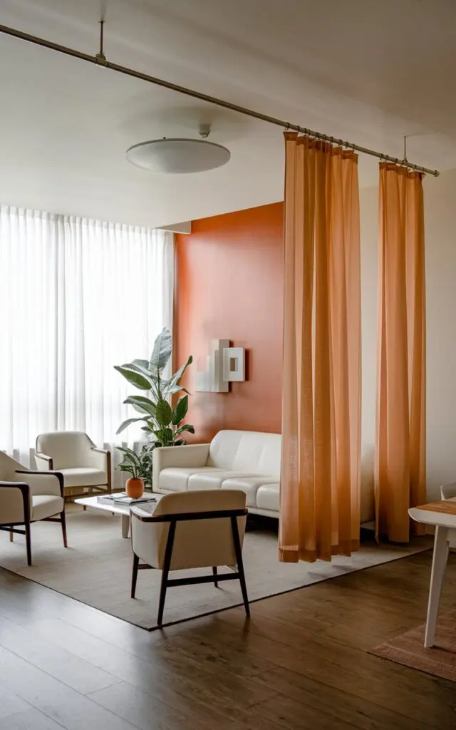 A photo of a modern Bauhaus living room with a curtain rod and curtain in a contrasting colour used for partition. The room has a white sofa, a few chairs, a coffee table, and a plant. There's a curtain rod with a curtain in orange colour hanging from the ceiling. The curtain is partitioning the room. The floor is made of wood.