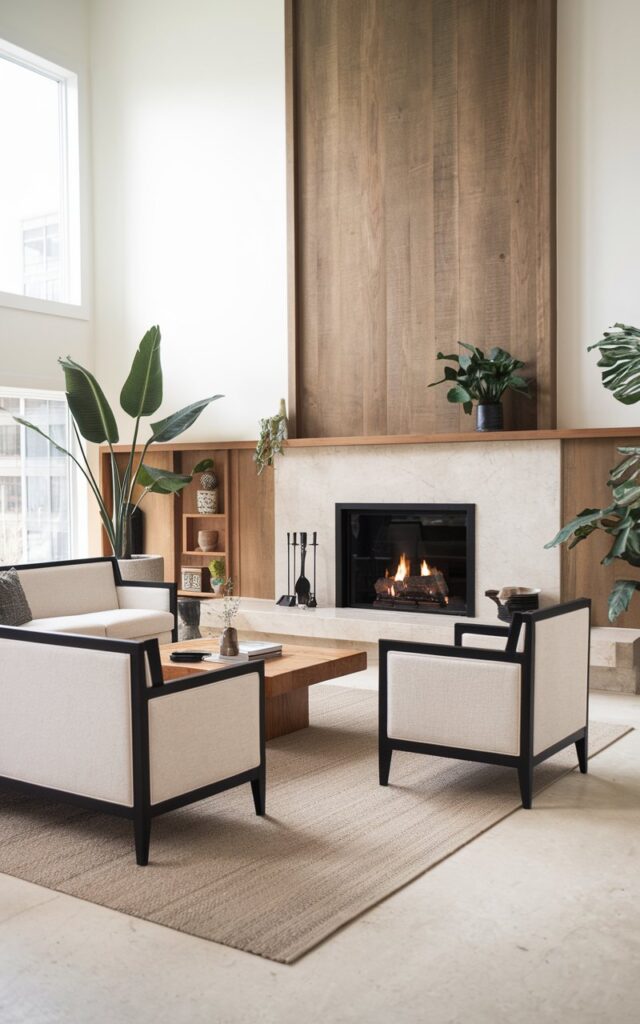 A photo of a modern Scandi living room with a fireplace. The room is spacious and has a high ceiling. There's a beige sofa with a black trim and two matching chairs with a black trim. The coffee table is made of wood. There's a large plant in the corner. The wall above the fireplace has a wooden panel. The floor is covered with a beige rug.