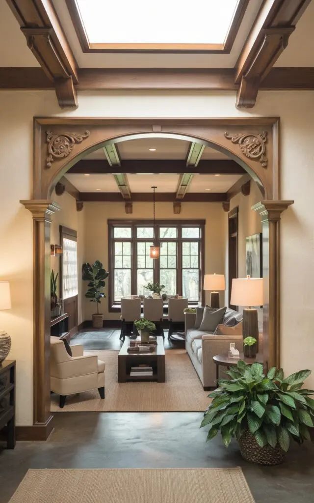 A photo of a modern craftsman living room with an archway having ornate detailing, serving as a partition between the living room and dining area. The living room has a sofa, a coffee table, and a lamp. There's a rug on the floor. The dining room has a table and chairs. The walls have wooden beams. The ceiling has wooden beams and a skylight. There's a potted plant near the archway.