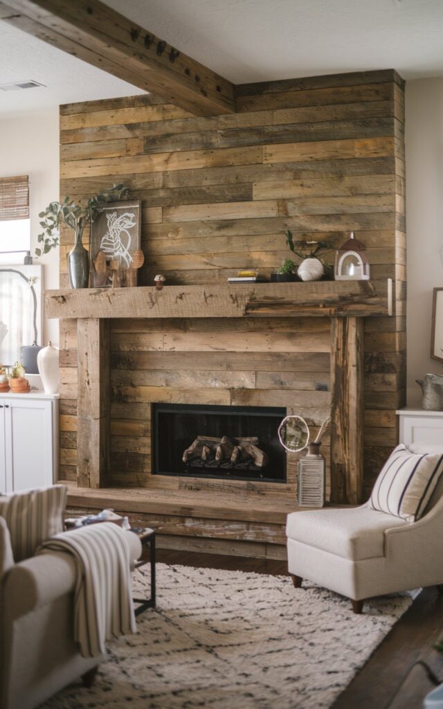 A photo of a modern rustic farmhouse chic living room with a fireplace mantel made of reclaimed wood. The mantel has a polished finish and is decorated with a few items. There is a wooden beam above the mantel. The room has a plush rug and a few pieces of furniture, including a sofa and a chair. The walls are adorned with some decorative items.