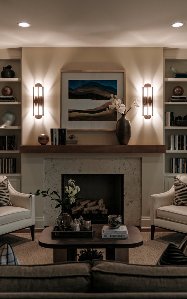 A photo of a modern living room with a transitional design. On either side of the fireplace mantel, there is a modern scone. The mantel is decorated with a vase, books, and decor. The room has a warm ambiance despite the absence of natural light due to the night time. The full view of the room is shown.