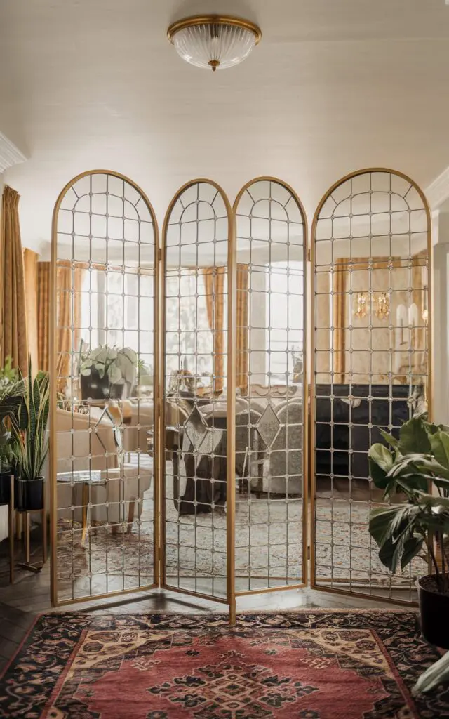 A photo of a Hollywood glam living room with a movable stained mirror partition. The partition has 3-4 separate glass panels with gold frames and is placed between the living room and dining area. The room has a ceiling light, furniture, and plants. The floor has a statement rug. The light is diffused and warm.