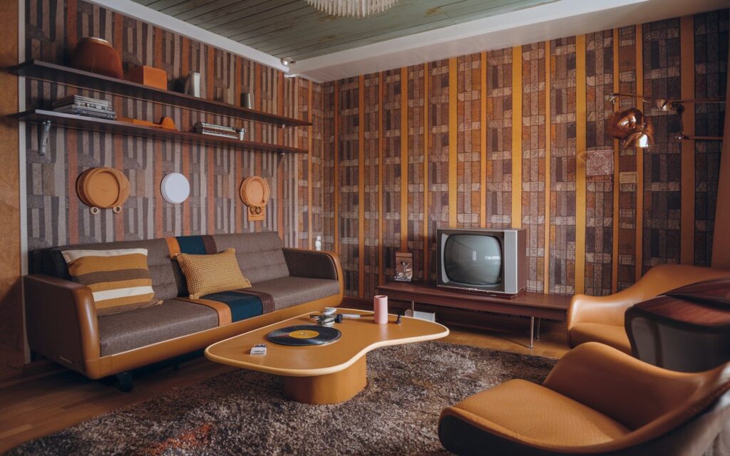 A photo of a 1970s living room with a retro sofa with pillows, a shelf, a retro TV, and a vinyl record placed opposite the seating area. There's a shag rug beneath a unique retro coffee table with essentials. The walls have wallpaper in geometric patterns in orange, brown, or mustard yellow colors. Elements from the 1970s time period are present. The natural light is diffused and very soft. There's a wood panel ceiling with a chandelier. The full view of the room is shown.