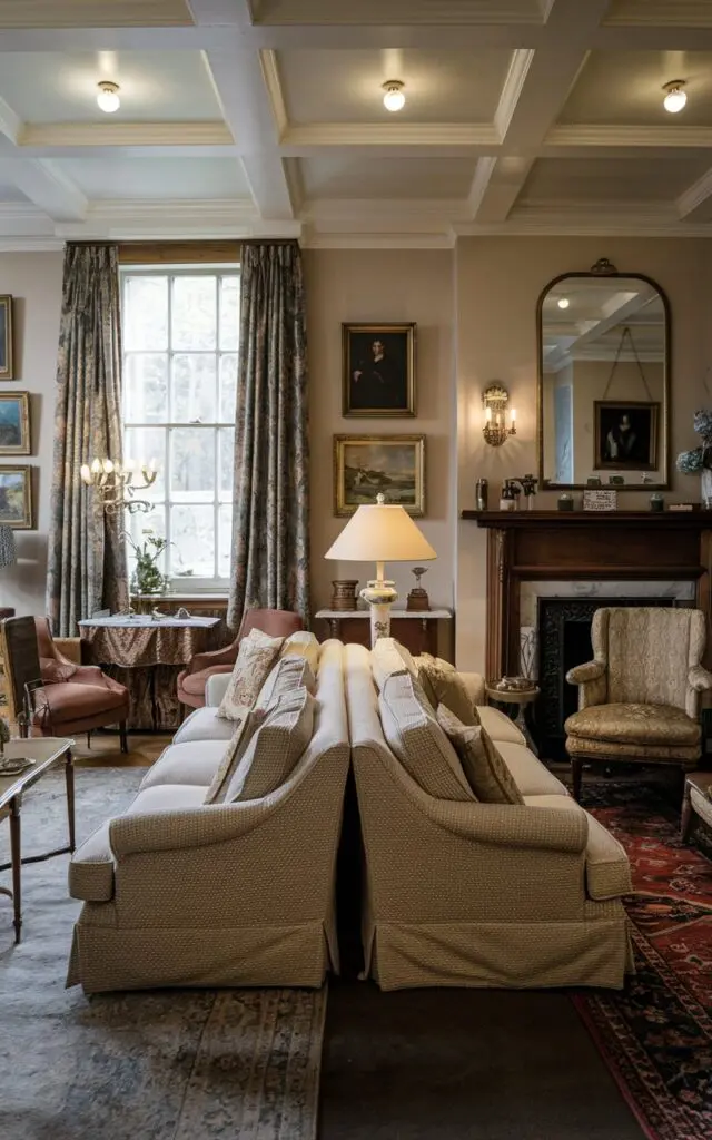 A photo of a Victorian living room with a sofa placed back-to-back to divide the room. The room has a high ceiling with lights and is filled with antique furniture. There is a lamp on the table near the window. The floor is covered with a rug. The wall has a few paintings and a mirror. The room has a wooden fireplace.