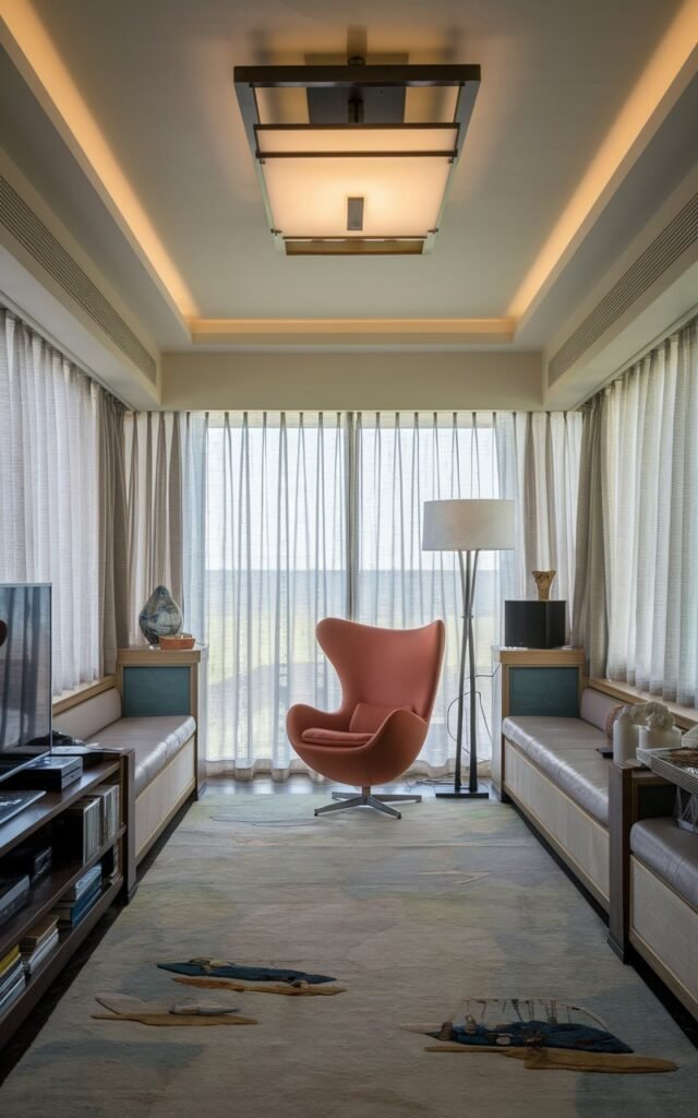 A photo of a coastal-style living room with a traditional long and narrow layout. In the corner of the room, there's a modern Easter egg chair in a contrasting color, placed beside a floor lamp. There is a couch placed along the walls. The ceiling has a modern light fixture. The floor has a mild coastal theme rug. The room has diffused lighting and sheer curtains for the windows. There are functional elements like a TV, a book rack, and a speaker in the room.
