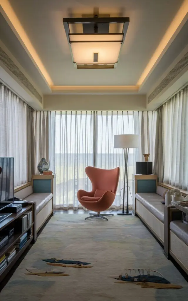 A photo of a coastal-style living room with a traditional long and narrow layout. In the corner of the room, there's a modern Easter egg chair in a contrasting color, placed beside a floor lamp. There is a couch placed along the walls. The ceiling has a modern light fixture. The floor has a mild coastal theme rug. The room has diffused lighting and sheer curtains for the windows. There are functional elements like a TV, a book rack, and a speaker in the room.