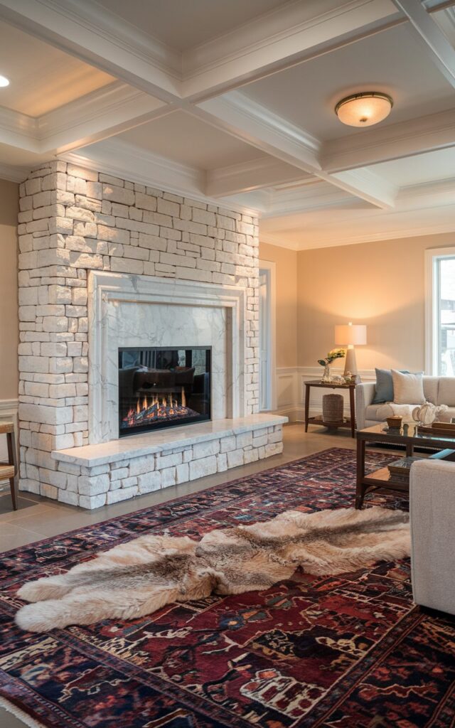 A photo of a living room with a light-up Stone + Marble fireplace. There is a large, colorful Oriental rug with deep reds, blues, and golds on the floor, and a soft faux fur rug in neutral tones like cream or white covering/spread on top of it. The room has a few pieces of furniture, including a sofa, a coffee table, and a side table. The walls are painted in light beige color. The room is bathed in warm, diffused light. Coved ceiling with a light fixture.