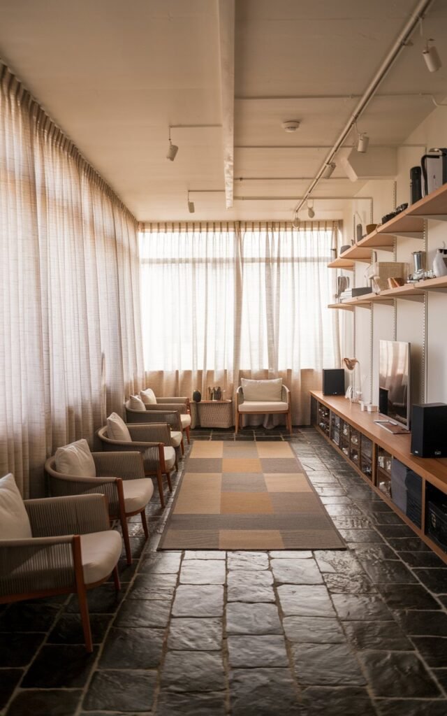 A photo of a long, narrow Japandi living room with a couch and chairs arranged along the walls, leaving the center space free for movement. The room has a stone-tiled floor with a contrasting area rug. The windows have sheer curtains for warm, soft lighting. Functional elements such as shelves, a TV, and speakers are placed strategically around the room. The ceiling has light fixtures.