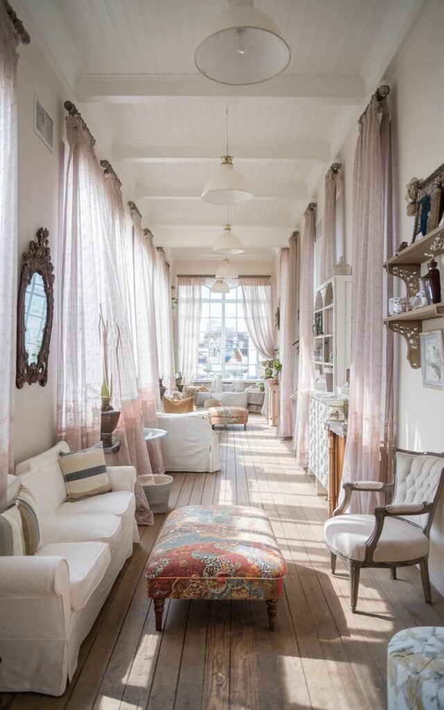 A photo of a long, narrow living room in the Shabby chic style. The room has a high ceiling with pendant lights and is filled with natural light. Sheer curtains are added to the windows. There is a colourful patterned ottoman in the middle of the room. On the left, there is a white sofa with a few cushions. On the right, there is a vintage-style chair. The walls are adorned with decorative items, including a mirror, a painting, and a shelf. The floor is made of wooden planks.