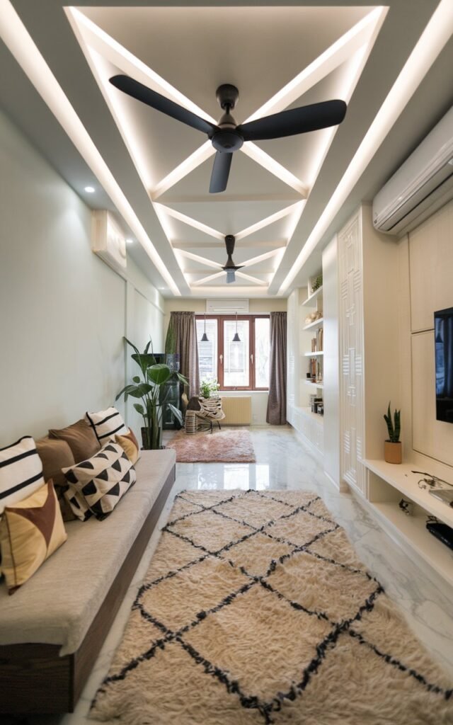 A photo of a long, narrow modern Bauhaus living room with a geometric 3D ceiling and a 3-blade fan. The room has a couch with pillows in geometric patterns, a fluffy wool rug, and a plant. There are windows with curtains to allow soft lighting. The room also has functional elements such as a bookshelf and a TV.