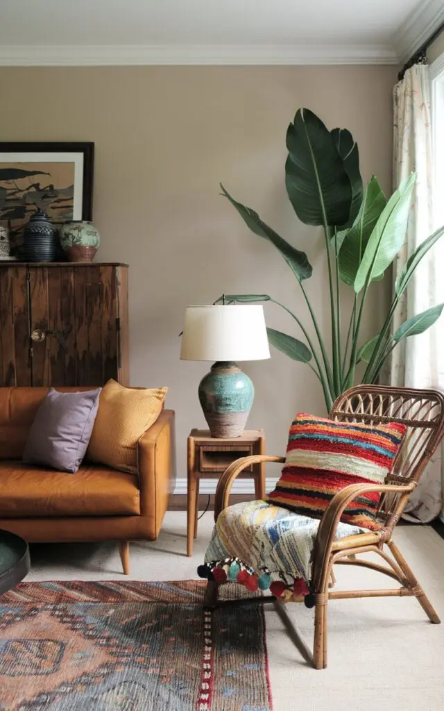 A photo of a modern boho living room with a sleek mid-century modern sofa and a vintage rattan chair. The chair has colorful cushions and a cozy blanket with pom poms. The room has a vintage furniture piece, a wooden side table with a ceramic lamp. There's a large green plant in a ceramic pot near the sofa. The walls are painted beige, and there's a patterned rug on the floor.