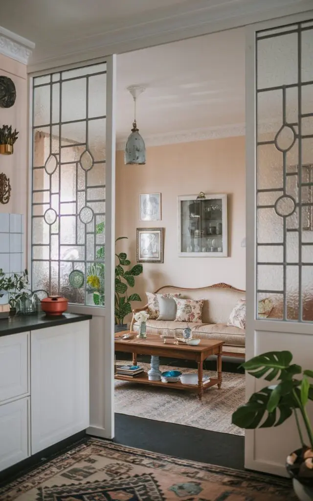 A photo of a shabby chic and art deco living room. The room has a sliding door with patterned glass that serves as a partition. The living room contains a beige sofa with floral cushions, a wooden coffee table, and a few decorative items. There is a green plant in the corner. The room has a patterned rug. The walls have a few pictures and a decorative mirror. The sliding door is partly open, revealing a kitchen with a white cabinet, a black surface, and a pot. The floor is covered with a patterned rug.