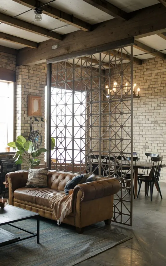 A photo of an industrial farmhouse living room with a decorative metal frame screen in a geometric pattern placed on a wooden beam used as a partition between the living room and dining area. The living room has a chandelier, a sofa, a coffee table, and a potted plant. The dining area has a dining table and chairs. The room has exposed brick walls, wooden beams, and a concrete floor.