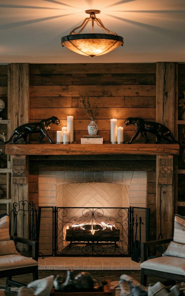 A photo of a rustic living room with a wooden fireplace. The mantel is decorated with panther sculptures on either sides, along with other decorative items such as candles, books, and a vase. The fireplace is light-up and has a wrought iron fireplace screen. The ceiling has a pendant light that emits a warm, diffused light. The room has a few chairs and a table.