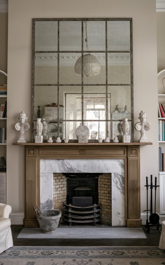 A photo of a shabby chic living room with a marble and wood fireplace. There is a large mirror above the fireplace, which reflects the room. On either side of the mantel, there are symmetrical small sculptures, along with other decorative items. The room has a high ceiling. The floor has an area rug. The lighting is diffuse and soft.