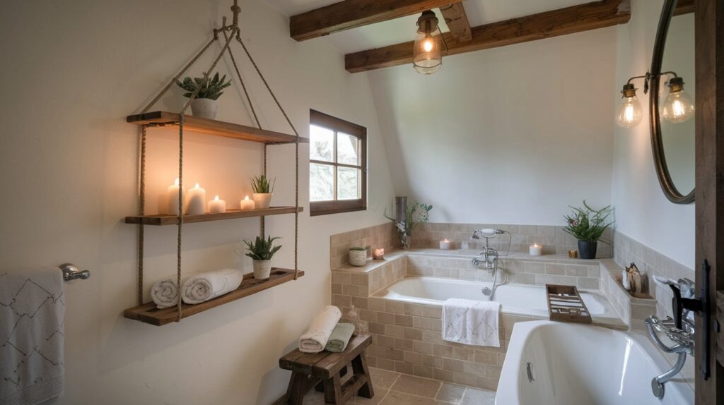A photo of a small bathroom with a shabby chic and rustic style. The room has a wooden beam ceiling, white walls, and a beige tile floor. There's a hanging rope shelf with candles, small plants, and rolled-up towels. The room also contains a white bathtub, a wooden stool, and a vintage-style light fixture.