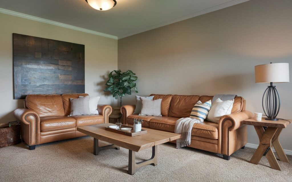 A photo of a living room with a tan leather couch, pillows, and throw blankets. The room has a beige carpet and a wooden coffee table in front of the couch. There's a wooden side table with a lamp beside the couch. A potted plant sits on the floor near the couch. The wall has a large painting. The ceiling has a light fixture.