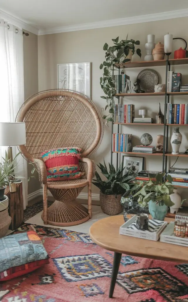 A photo of a bohemian living room with a peacock chair and a colorful cushion on it. The room has a patterned rug, a wooden coffee table, and a bookshelf filled with books and decorative items. There are plants, a lamp, and some decorative items on the floor and the bookshelf. The walls are painted in a light color.