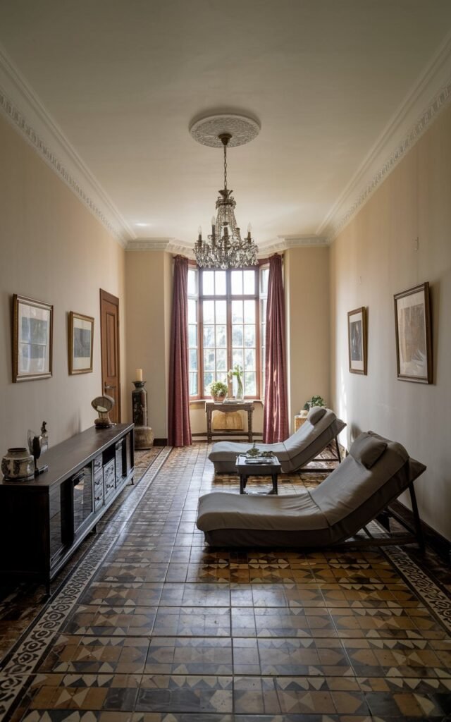 A photo of a traditional long, narrow living room. Along one wall, there is a media console. In the seating area, which is separated from the media console by a patterned tile floor, there are two floor loungers and a small coffee table. Hanging above the seating area is a chandelier.