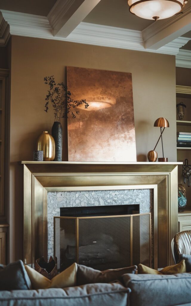 A photo of a transitional living room with a fireplace and mantel. The mantel has a metallic touch, with a brass fireplace frame and a copper fireplace screen. The room also has a few decorative items with a metallic touch, including a gold vase and a brass lamp. The lighting is soft and diffused. The room has a suspended ceiling with a light fixture. The overall ambiance of the room is warm and inviting.