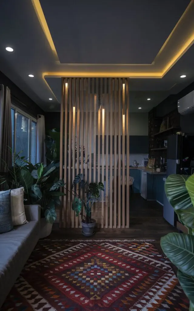 A photo of a room with a false ceiling, furniture, plants, and a statement rug. There is a wood slat partition with built-in LED lights used as a room divider between the living room and the kitchen. The room is dark due to nighttime and the lack of natural light.