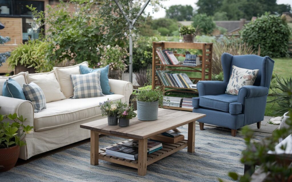 A photo of an English countryside outdoor living room. There's a cream-colored sofa, a blue armchair, and a coffee table made of wood. There are also potted plants and a wooden rack for books. The background reveals greenery and a building.