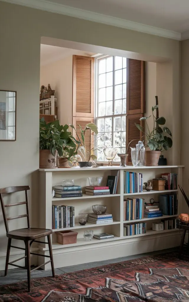 A photo of a living room in an English countryside home. The room has a half-wall built-in shelf that serves as a partition between the entrance and the living room. The shelf is filled with books, plants, and vintage glassware. There's a large window with wooden shutters in the living room. The floor is covered with a patterned rug. There's a wooden chair near the shelf. The wall is painted beige.