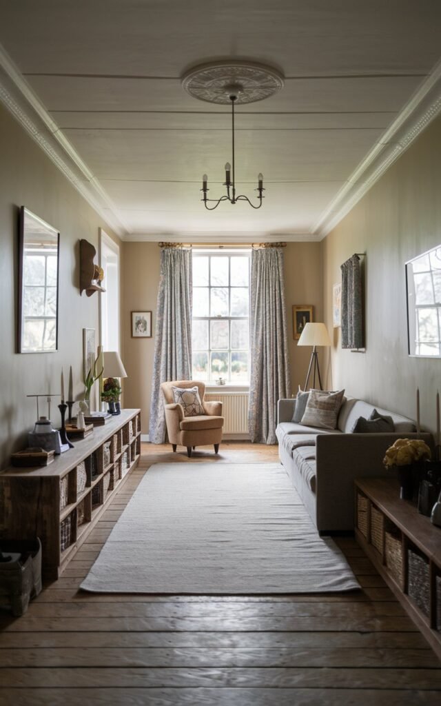 A photo of a long living room in an English countryside. The room has a sleek, minimalistic design with low storage units arranged along one side without interrupting the sightlines. There's a couch, a chair, and a lamp in the room. The walls have a few hanging items. The floor is made of wood and the ceiling has a chandelier.
