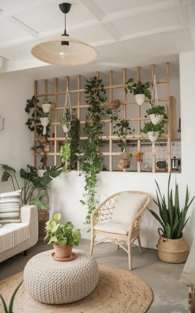 A photo of a farmhouse living room with a false ceiling, light fixture, furniture, and plants. There is a knitted rug on the floor. An eco-friendly wood slat partition with hanging pots, creepers, and vines acts as a vertical garden. The partition is placed between the living room and the kitchen.