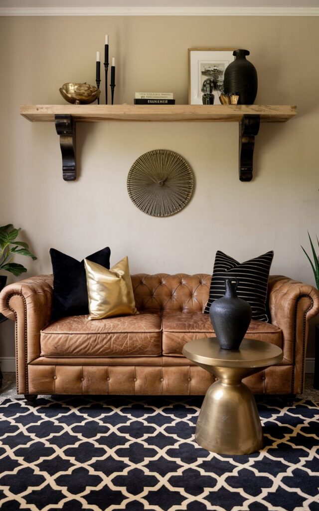 A photo of a farmhouse living room with a black and gold color scheme. There is a leather couch with black and gold throw pillows. A gold table with a black vase is placed in front of the couch. A black and gold patterned rug is placed on the ground. There is a wooden shelf above the couch with a few decorative items. The walls are painted beige.