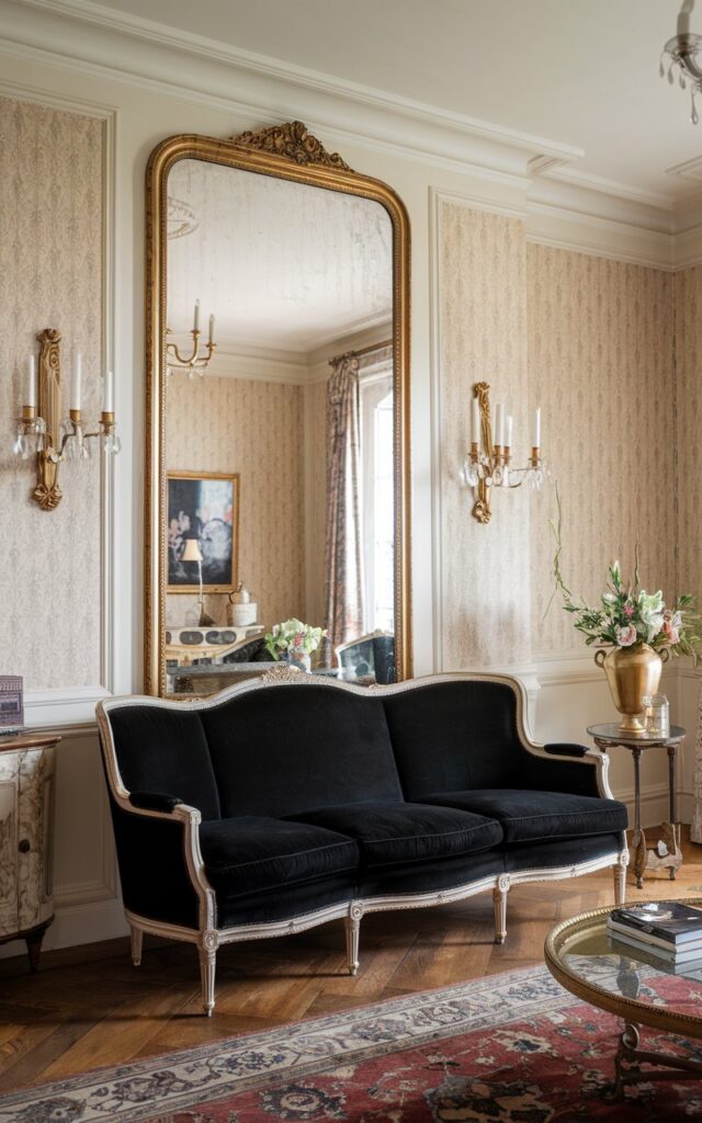 A photo of a French country living room with a black velvet sofa and gold accents. The room has a beige wallpaper with a subtle pattern, a gold framed mirror, and gold sconces on the walls. There is a gold vase with flowers on a side table. The floor is hardwood. The room has a chandelier and a rug.
