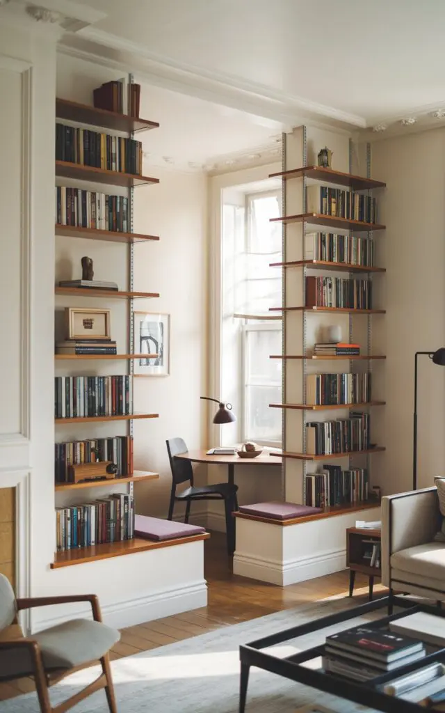 A photo of a living room with a cozy nook created by using a tall bookshelf as a partition. The bookshelf is filled with books and has a few decorative items. The nook has a small table with a lamp and a chair. The room has white walls, wooden floors, and a few pieces of furniture, including a sofa and a coffee table. There is a window with natural light. The overall design has a Bauhaus touch.