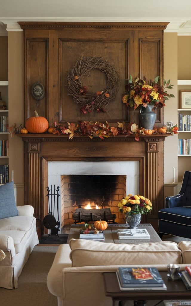 A photo of an English country living room with a wooden fireplace mantel. The mantel is decorated with autumn seasonal decorations, including a large wreath, a pumpkin, a vase of flowers, and some leaves. The fireplace is lighted. The room has a beige sofa, a dark blue chair, and a coffee table. There are also some books on a side table. The walls are painted beige.