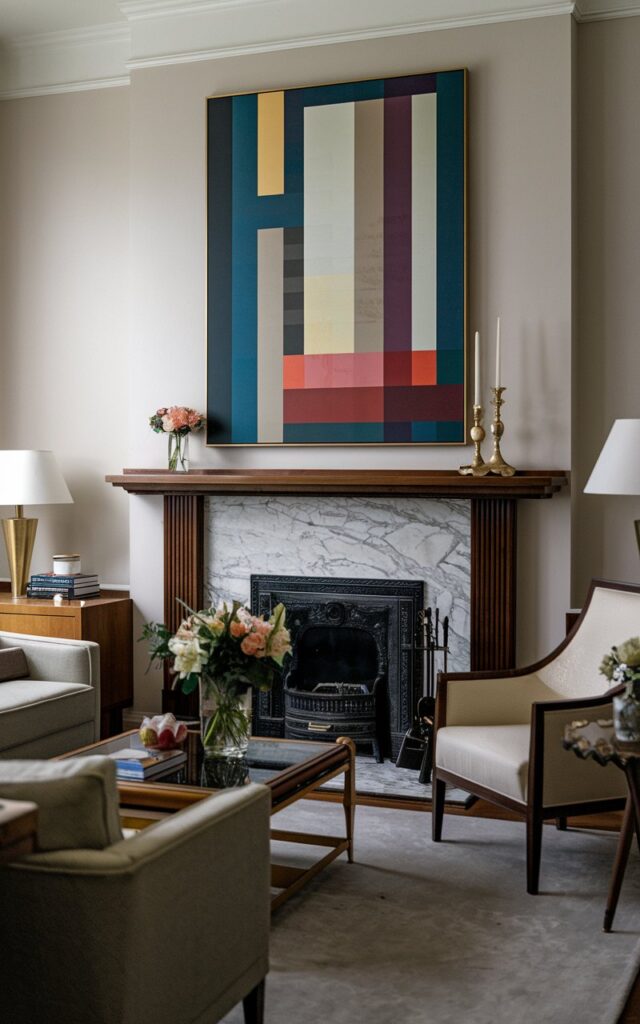 A photo of an art deco living room with a bold artwork hanging above the hearth. The mantel is decorated with a vase of flowers and a candlestick. The room has a sofa, a chair, a coffee table, and a lamp. The lighting is diffused and soft.