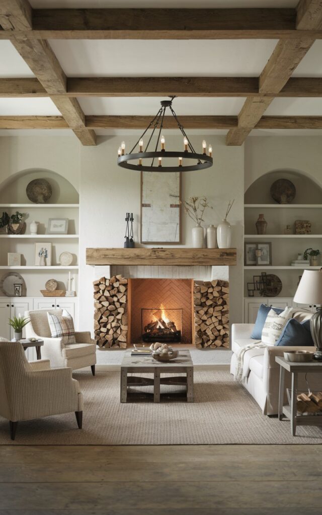 A photo of a farmhouse-style living room with a fireplace. There's a pile of firewood neatly stacked around the fireplace. The room has a wooden beam ceiling, a rustic chandelier, and a sofa. There's a rug on the floor, and a lamp is on the side table. The walls have shelves with decorative items. The room has a warm, cozy ambiance.