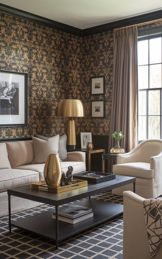 A photo of a New England-style living room with a black and gold wallpaper for a sophisticated backdrop. The room has a beige sofa, a black coffee table, and a gold lamp. There's a beige armchair near the window. A black and gold area rug is placed below the coffee table. The room has a few decorative items, including a gold vase and a black and white photograph. The walls have a few pictures.