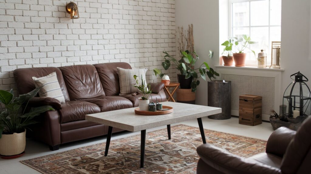 A photo of a cottage-core living room with a chocolate brown couch and a coffee table with a lighter wood or marble finish. The room has a white brick wall, a few potted plants, and a patterned rug. There are a few decorative items, including a lantern and a wooden box. The overall room has a warm and cozy atmosphere.