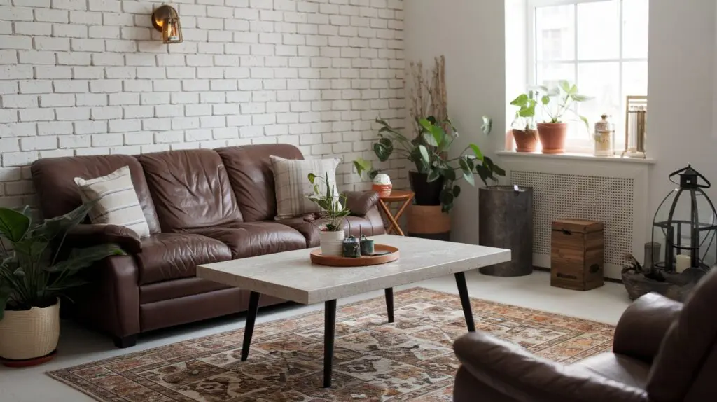 A photo of a cottage-core living room with a chocolate brown couch and a coffee table with a lighter wood or marble finish. The room has a white brick wall, a few potted plants, and a patterned rug. There are a few decorative items, including a lantern and a wooden box. The overall room has a warm and cozy atmosphere.