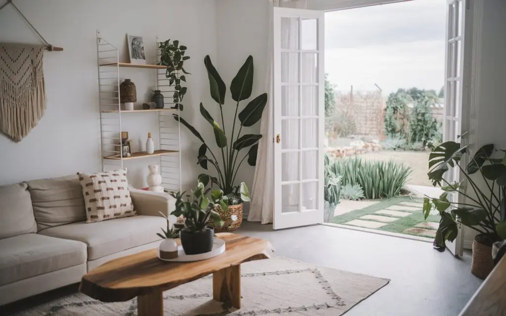A photo of a boho minimal living room with a garden view. The room has a beige sofa, a wooden coffee table, and a few plants. There is a wall-mounted shelf with decorative items. A large plant is in the corner. The floor is covered with a rug. A door leads to the garden. The garden has green plants and a few stones. The sky is overcast.