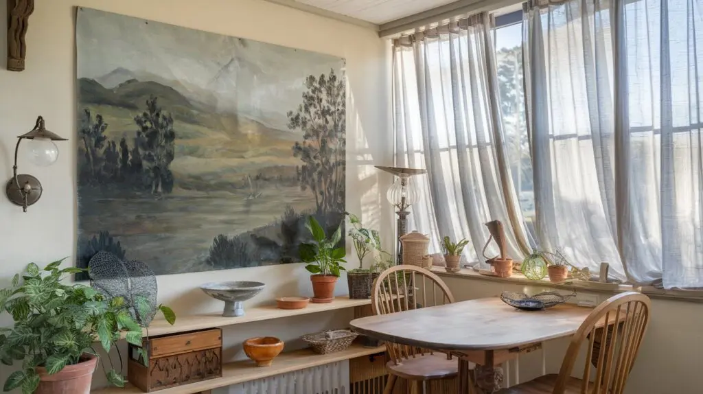 A photo of a cottage-core small dining area with a large wall art piece. The room has a wooden table and chairs, a few potted plants, and a vintage lamp. The wall art piece is a large painting of a landscape with mountains, trees, and a body of water. The room has a few decorative items, such as a dish, a basket, and a wooden box. The walls have a light-colored paint. There are sheer curtains near the window, which have a gentle flow. The room is filled with natural sunlight.
