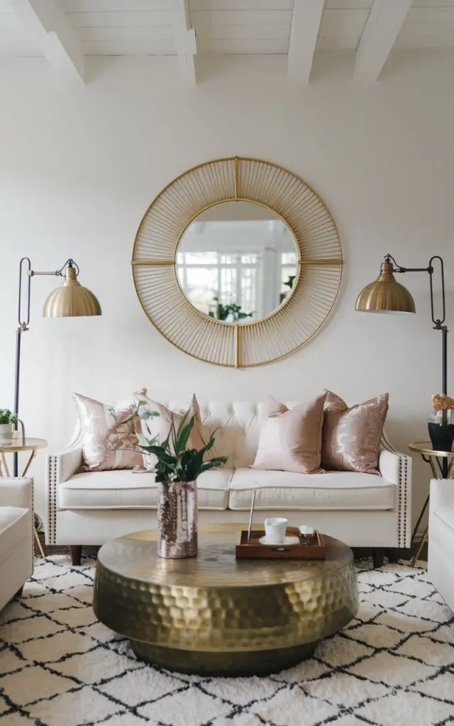 A boho living room having metallic brass coffee table as the centrepiece. The two lampstands placed on either sides of the couch has golden metallic touch. The mirror at the back has a unique metallic frame. 